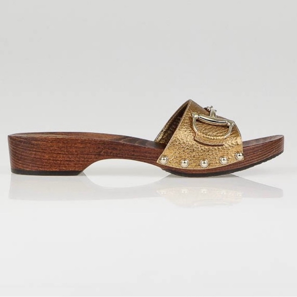GUCCI Gold Leather Hasler Horsebit Clog Sandals